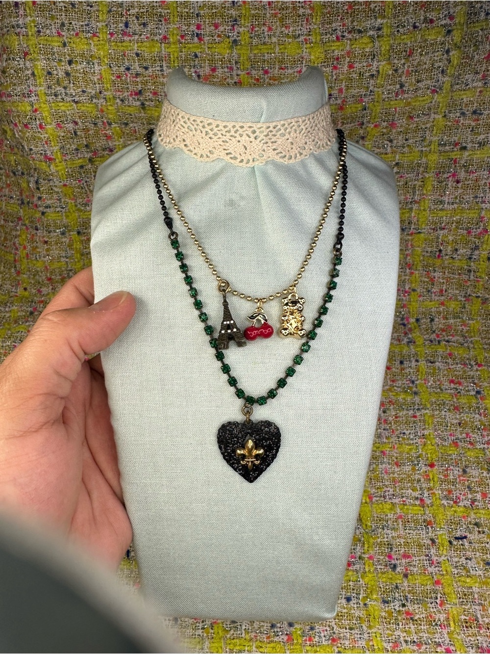 Betsey Johnson Layered Green Bead and Black Heart Pendant Necklace